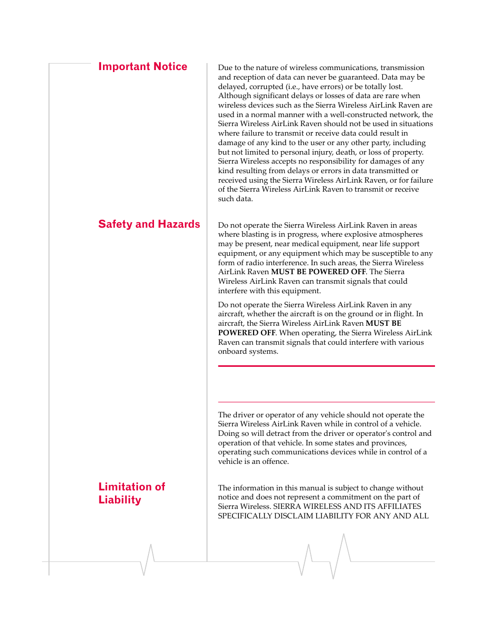 Important notice, Safety and hazards, Limitation of liability | Sierra Wireless RAVEN 20070914 User Manual | Page 2 / 171