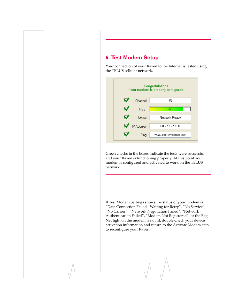 Test modem setup | Sierra Wireless RAVEN 20070914 User Manual | Page 30 / 171