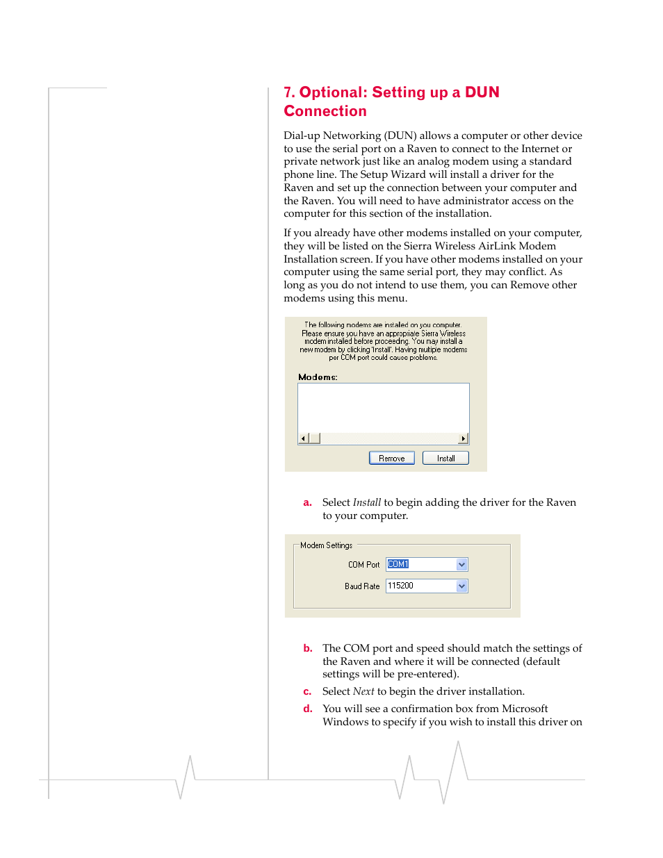 Optional: setting up a dun connection | Sierra Wireless RAVEN 20070914 User Manual | Page 31 / 171
