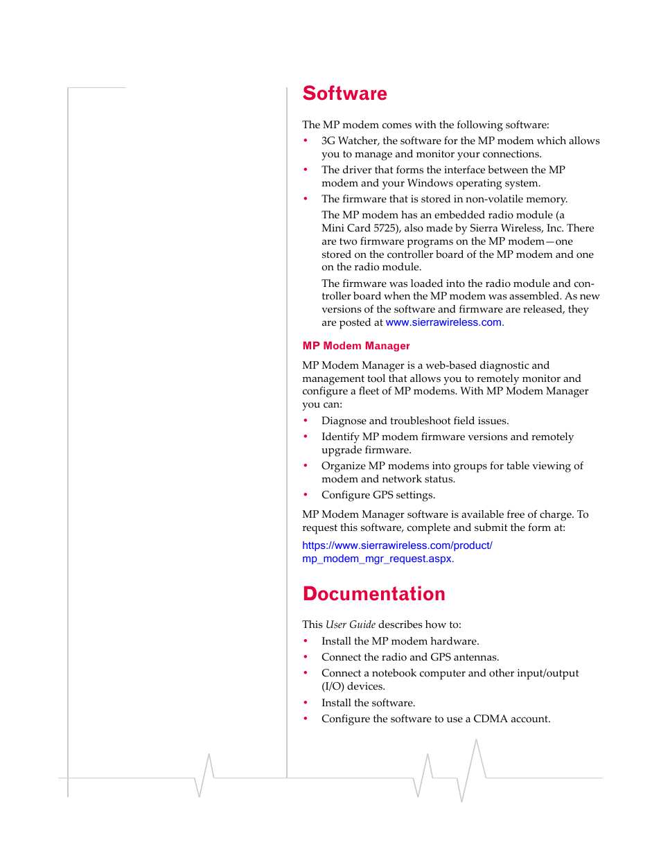 Software, Documentation, Mp modem manager | Sierra Wireless AIRLINK MP595W User Manual | Page 17 / 86