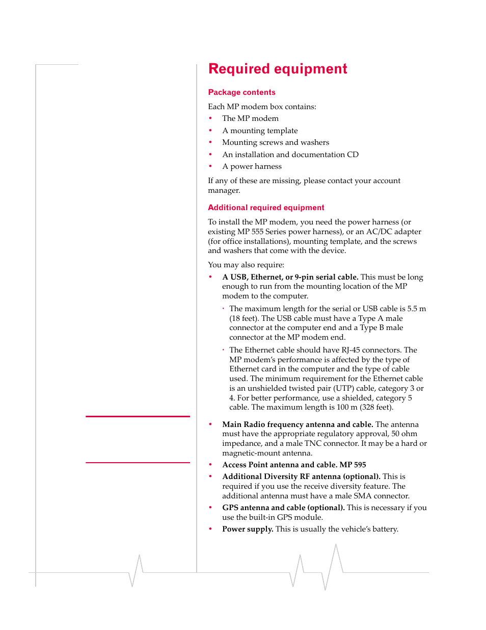 Required equipment, Package contents additional required equipment | Sierra Wireless AIRLINK MP595W User Manual | Page 22 / 86