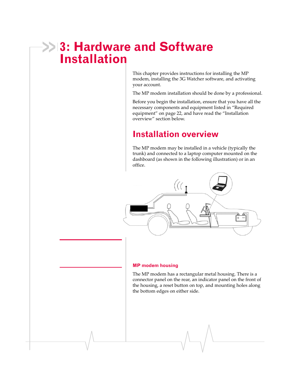 Hardware and software installation, Installation overview, Hardware and software | Installation, Mp modem housing | Sierra Wireless AIRLINK MP595W User Manual | Page 25 / 86