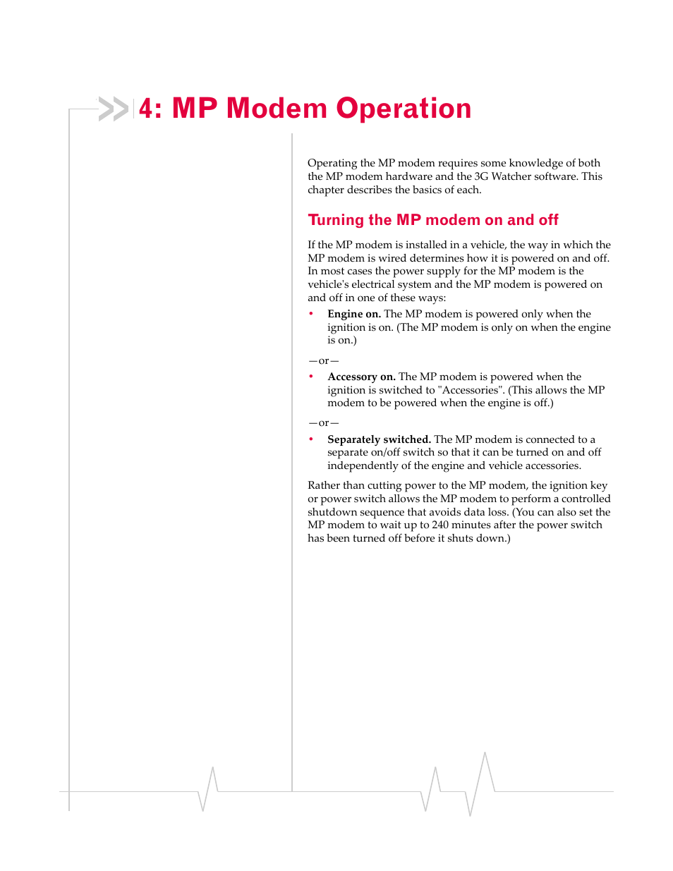 Mp modem operation, Turning the mp modem on and off | Sierra Wireless AIRLINK MP595W User Manual | Page 39 / 86