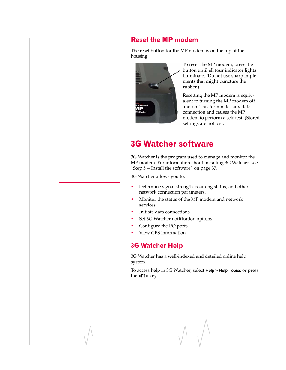 Reset the mp modem, 3g watcher software, 3g watcher help | Sierra Wireless AIRLINK MP595W User Manual | Page 41 / 86