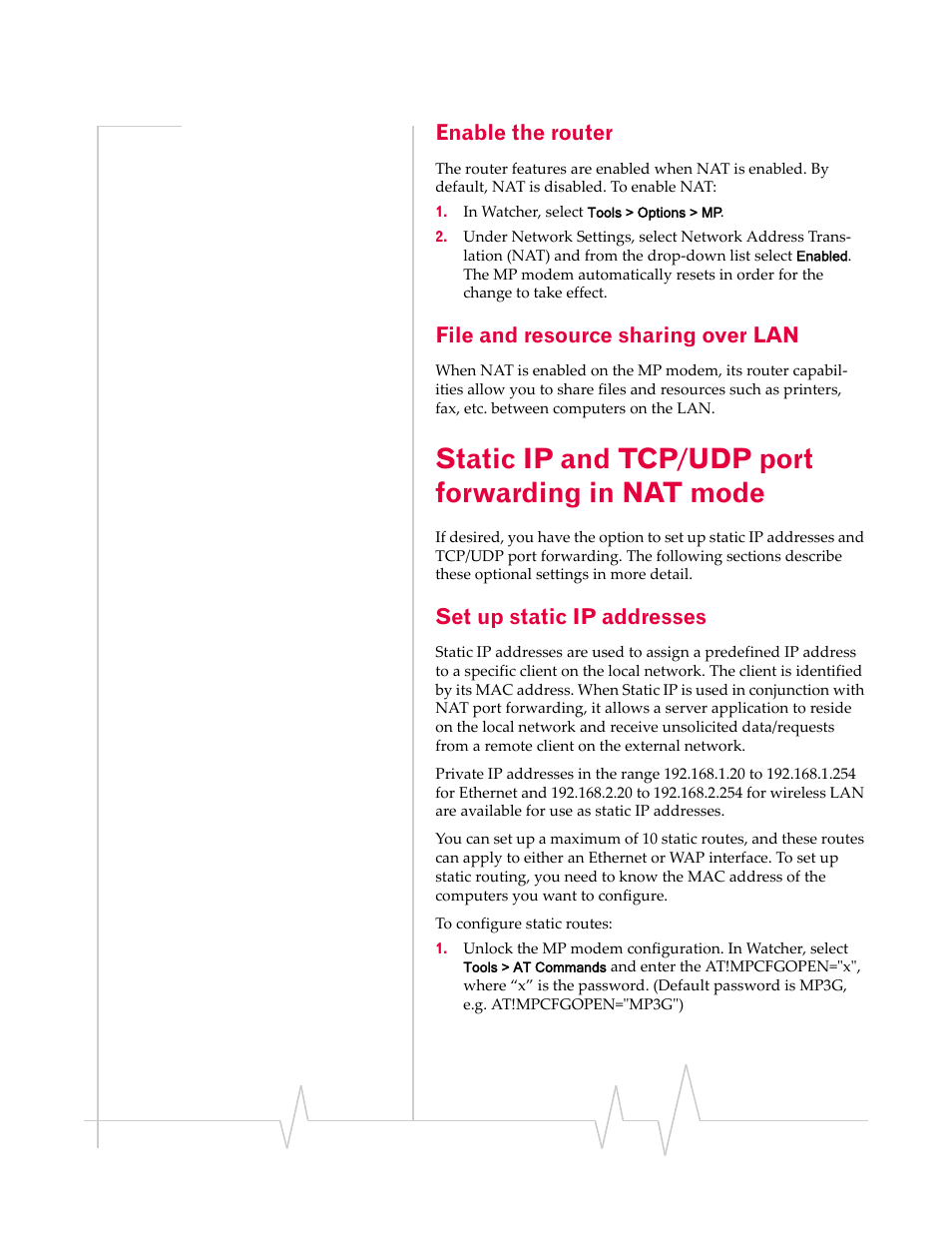 Enable the router, File and resource sharing over lan, Static ip and tcp/udp port forwarding in nat mode | Set up static ip addresses, Static ip and tcp, Udp port forwarding in nat mode | Sierra Wireless AIRLINK MP595W User Manual | Page 46 / 86