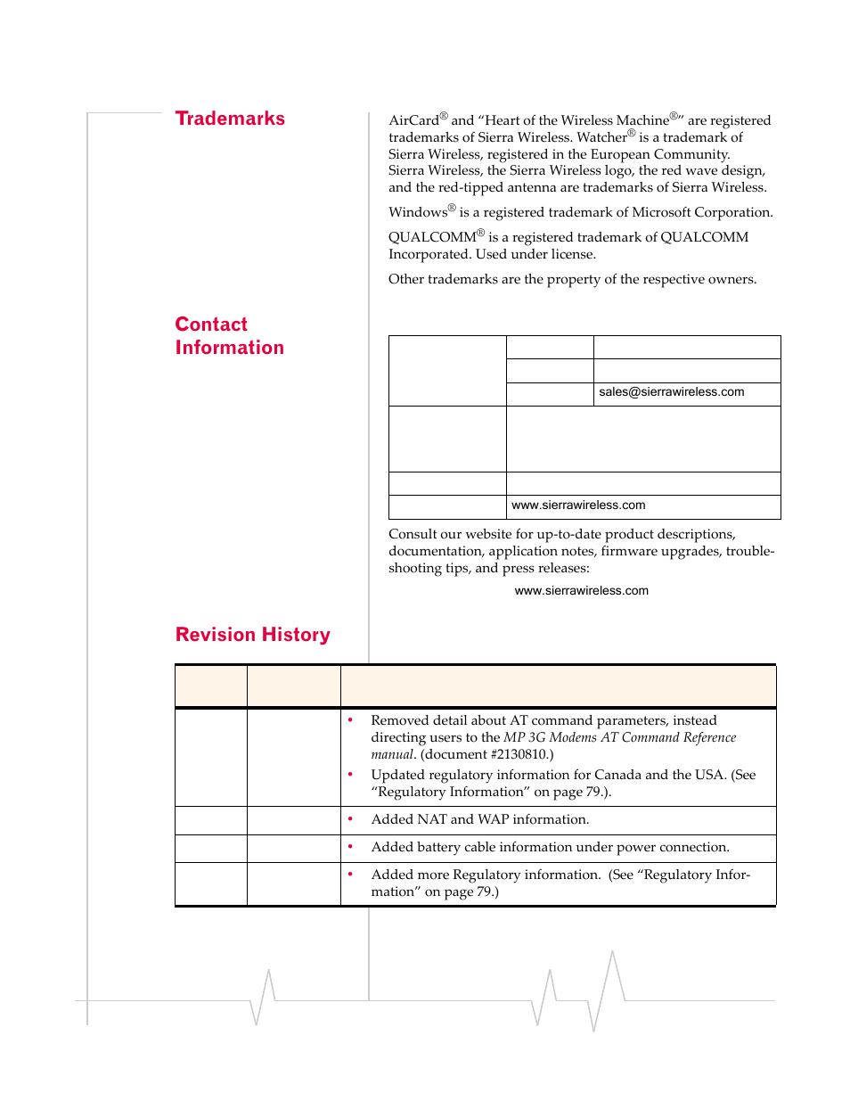 Trademarks, Contact information, Revision history | Sierra Wireless AIRLINK MP595W User Manual | Page 5 / 86