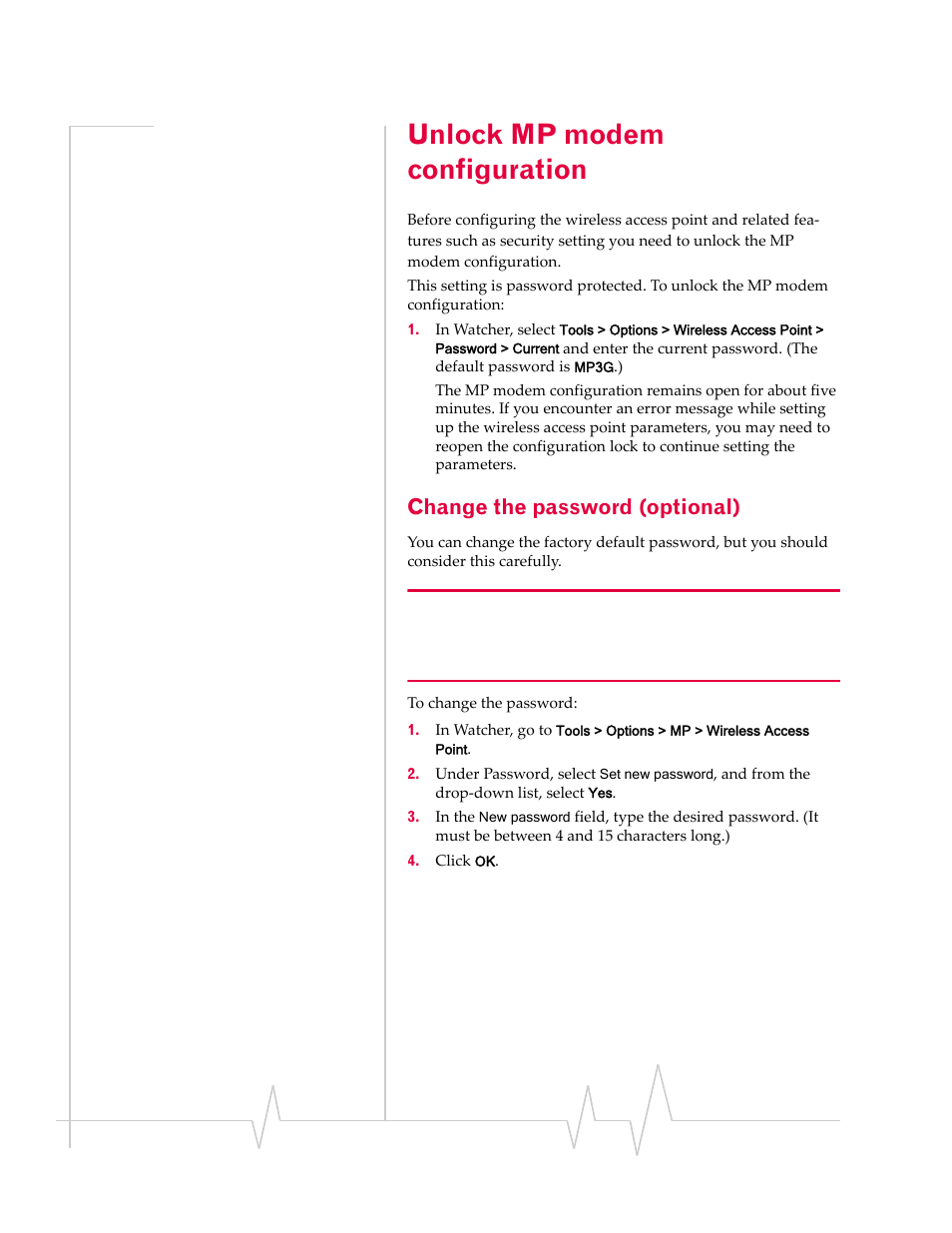 Unlock mp modem configuration, Change the password (optional), Unlock mp modem | Configuration | Sierra Wireless AIRLINK MP595W User Manual | Page 50 / 86