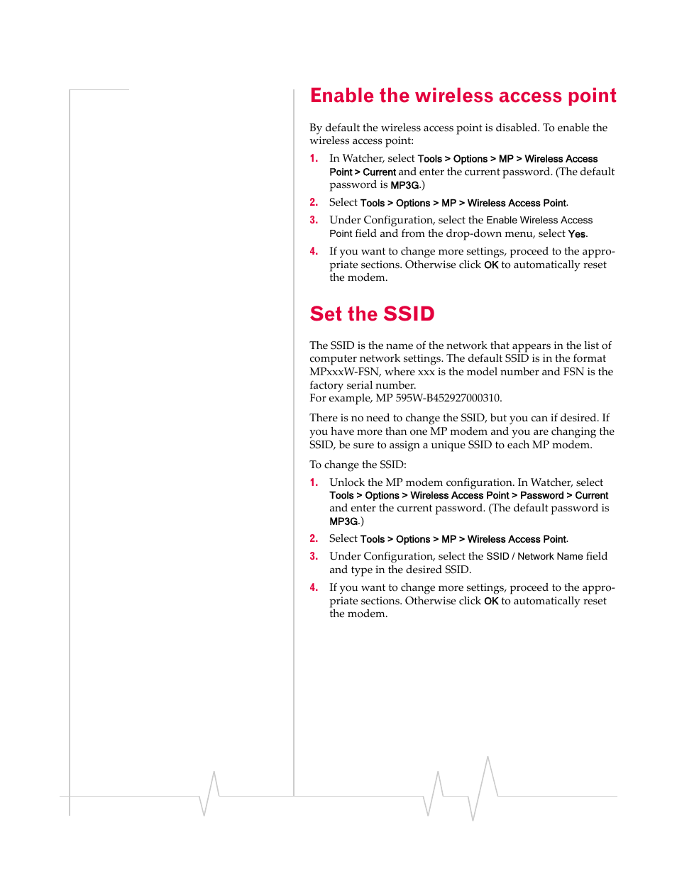 Enable the wireless access point, Set the ssid, Enable the wireless | Access point | Sierra Wireless AIRLINK MP595W User Manual | Page 51 / 86