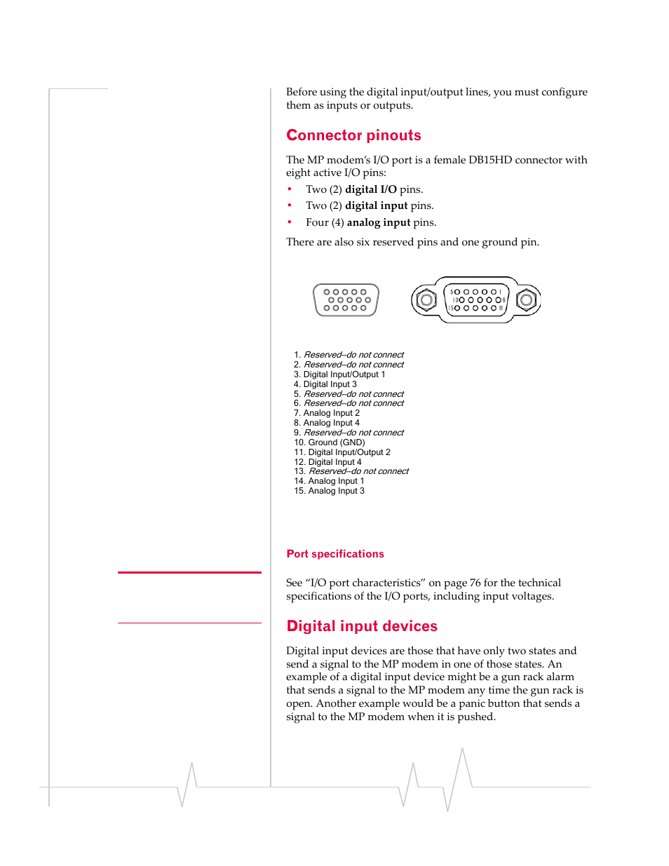 Connector pinouts, Digital input devices, Port specifications | Sierra Wireless AIRLINK MP595W User Manual | Page 58 / 86