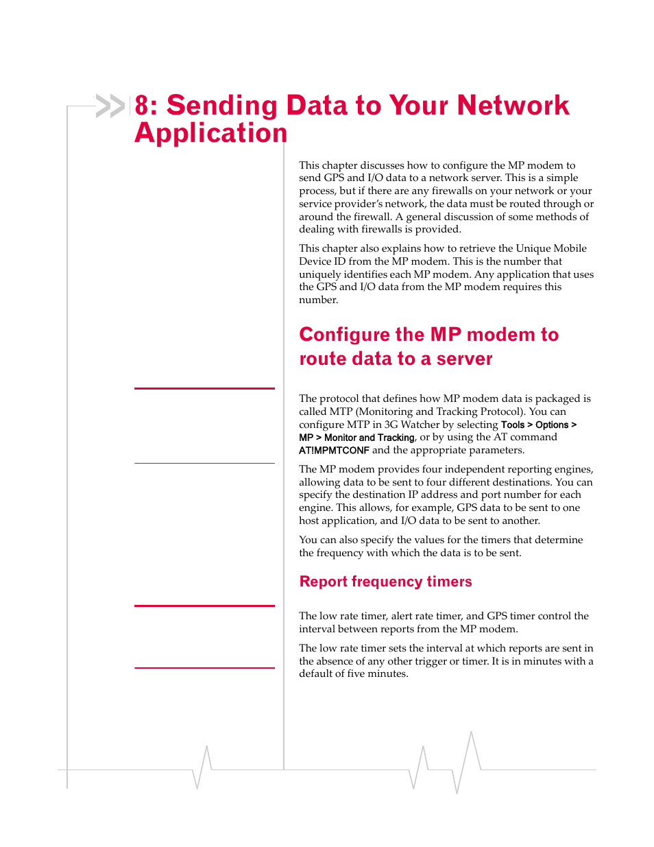 Sending data to your network application, Configure the mp modem to route data to a server, Report frequency timers | Chapter 8 | Sierra Wireless AIRLINK MP595W User Manual | Page 65 / 86