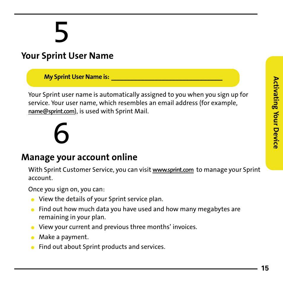 Your sprint user name, Manage your account online | Sierra Wireless 595U User Manual | Page 23 / 36