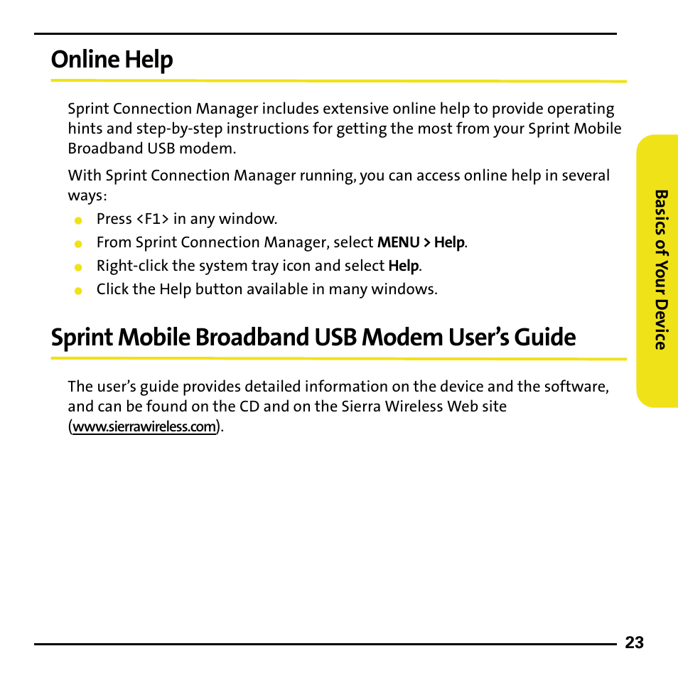 Online help, Sprint mobile broadband usb modem user’s guide | Sierra Wireless 595U User Manual | Page 31 / 36