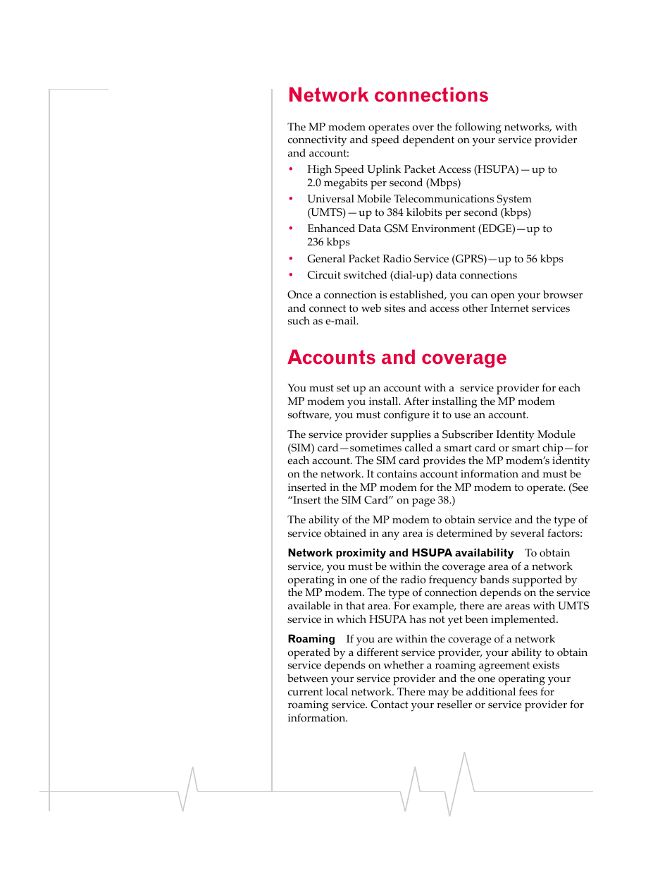 Network connections, Accounts and coverage, Accounts and | Coverage | Sierra Wireless MP 875 User Manual | Page 14 / 84