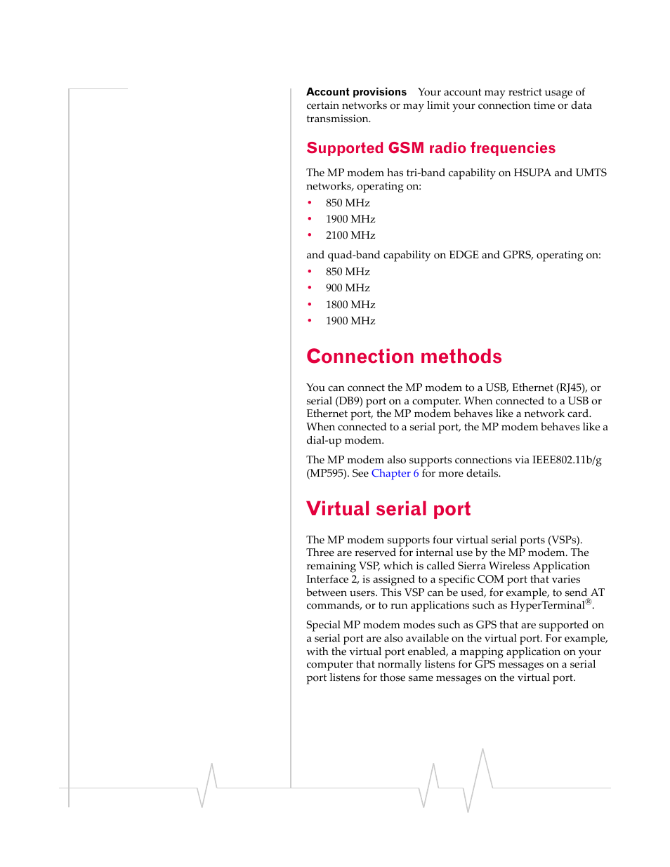 Supported gsm radio frequencies, Connection methods, Virtual serial port | Sierra Wireless MP 875 User Manual | Page 15 / 84