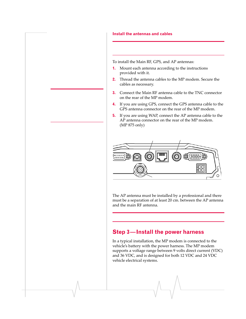 Step 3 — install the power harness, Install the antennas and cables | Sierra Wireless MP 875 User Manual | Page 31 / 84