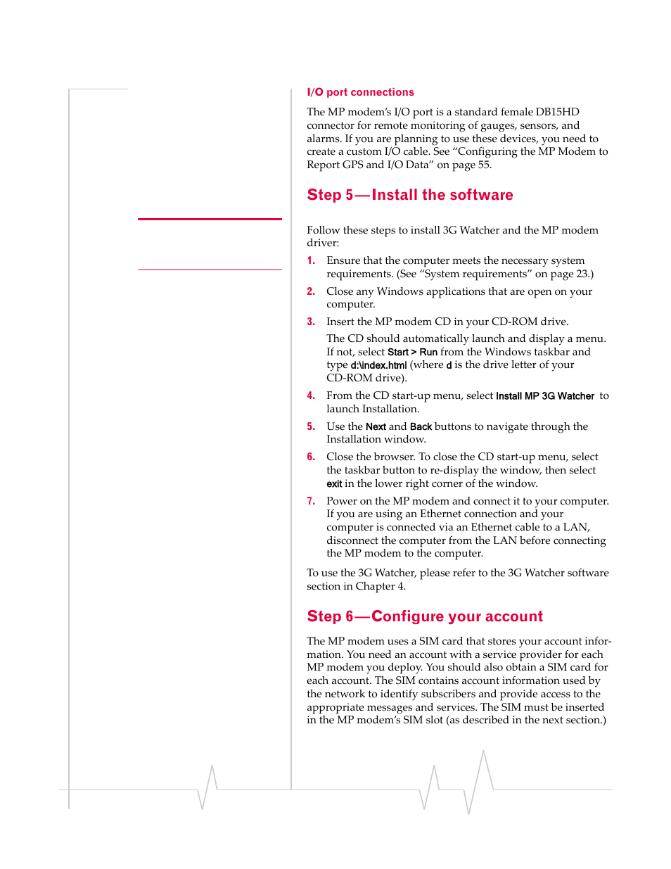 Step 5 — install the software, Step 6 — configure your account, I/o port connections | Sierra Wireless MP 875 User Manual | Page 37 / 84