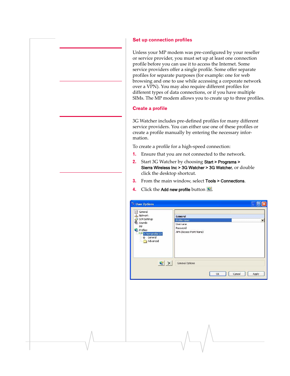 Set up connection profiles create a profile | Sierra Wireless MP 875 User Manual | Page 39 / 84