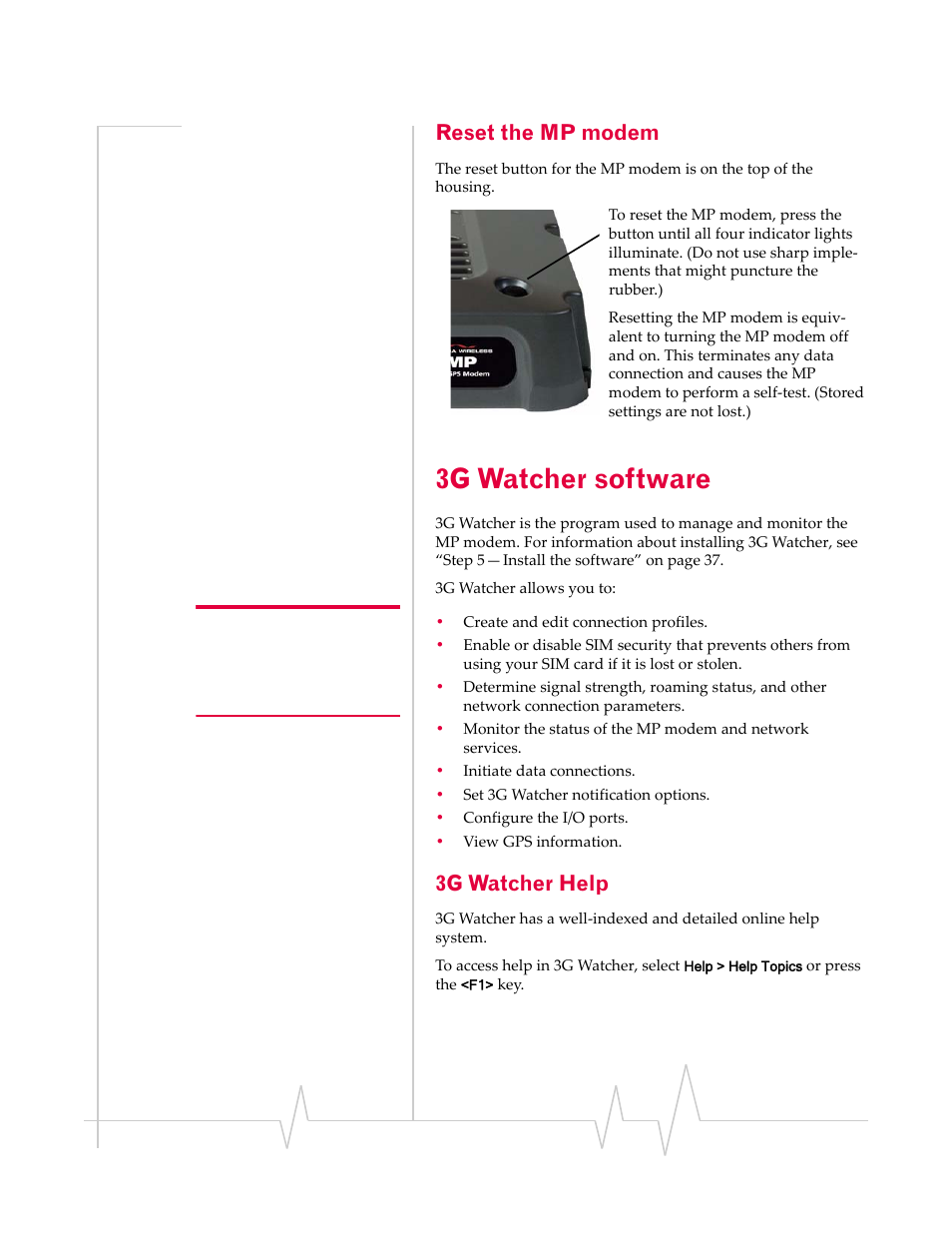 Reset the mp modem, 3g watcher software, 3g watcher help | Sierra Wireless MP 875 User Manual | Page 45 / 84