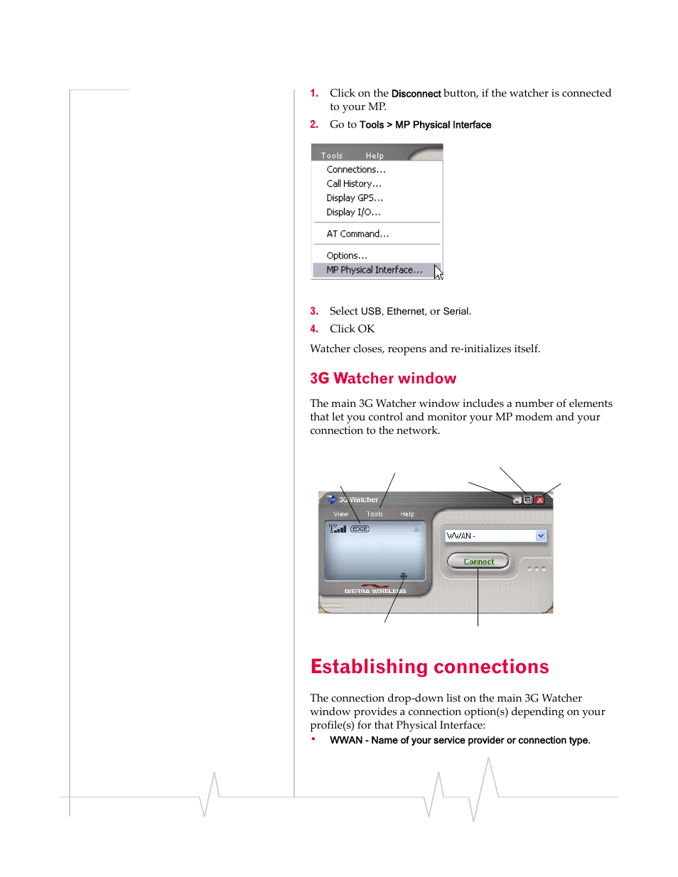 3g watcher window, Establishing connections, Establishing | Connections | Sierra Wireless MP 875 User Manual | Page 47 / 84