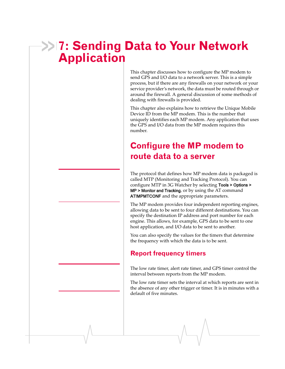 Sending data to your network application, Configure the mp modem to route data to a server, Report frequency timers | Chapter 7 | Sierra Wireless MP 875 User Manual | Page 65 / 84