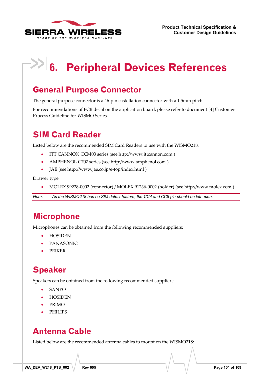 Peripheral devices references, General purpose connector, Sim card reader | Microphone, Speaker, Antenna cable | Sierra Wireless WISMO218 User Manual | Page 101 / 110