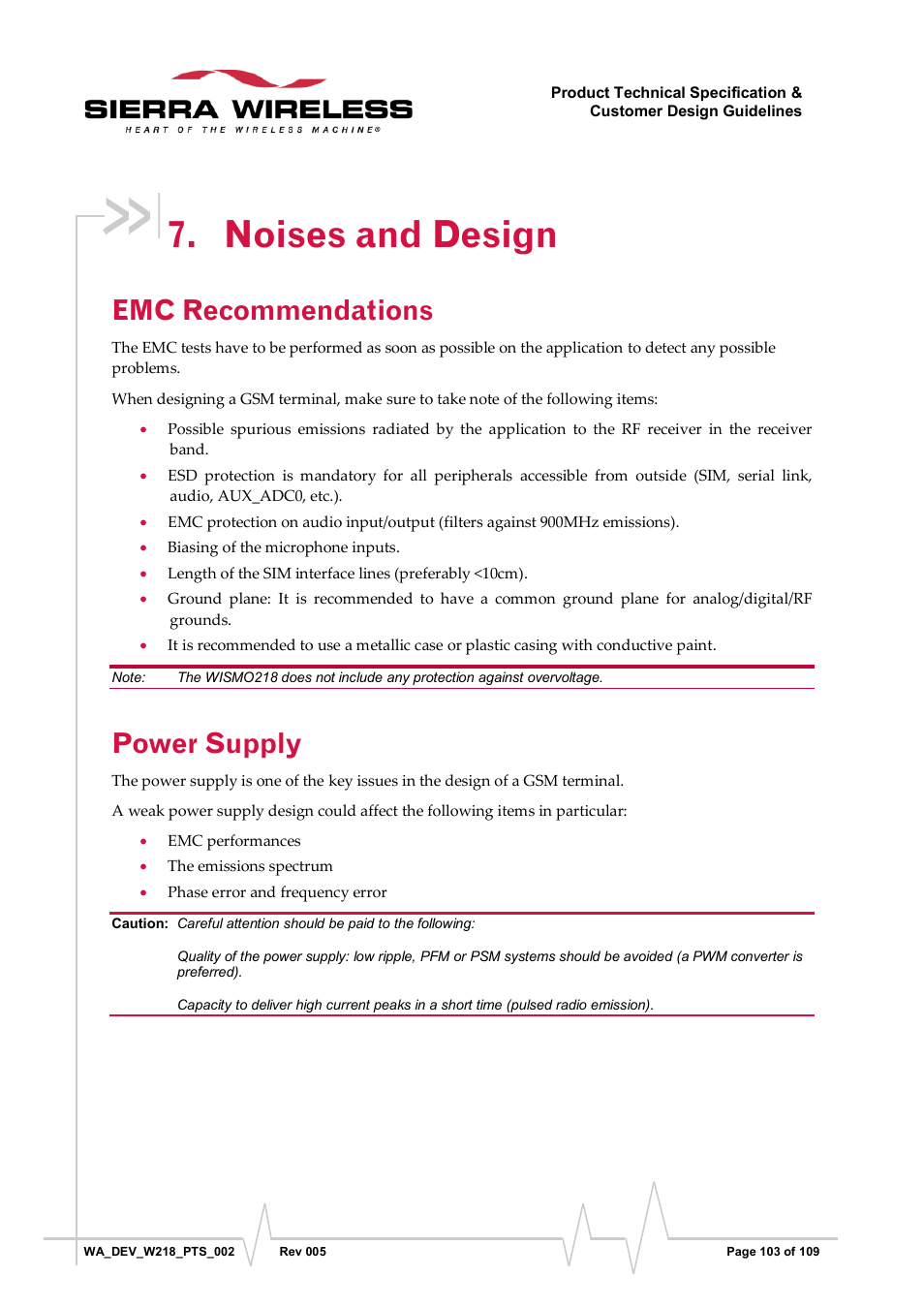 Noises and design, Emc recommendations, Power supply | Sierra Wireless WISMO218 User Manual | Page 103 / 110