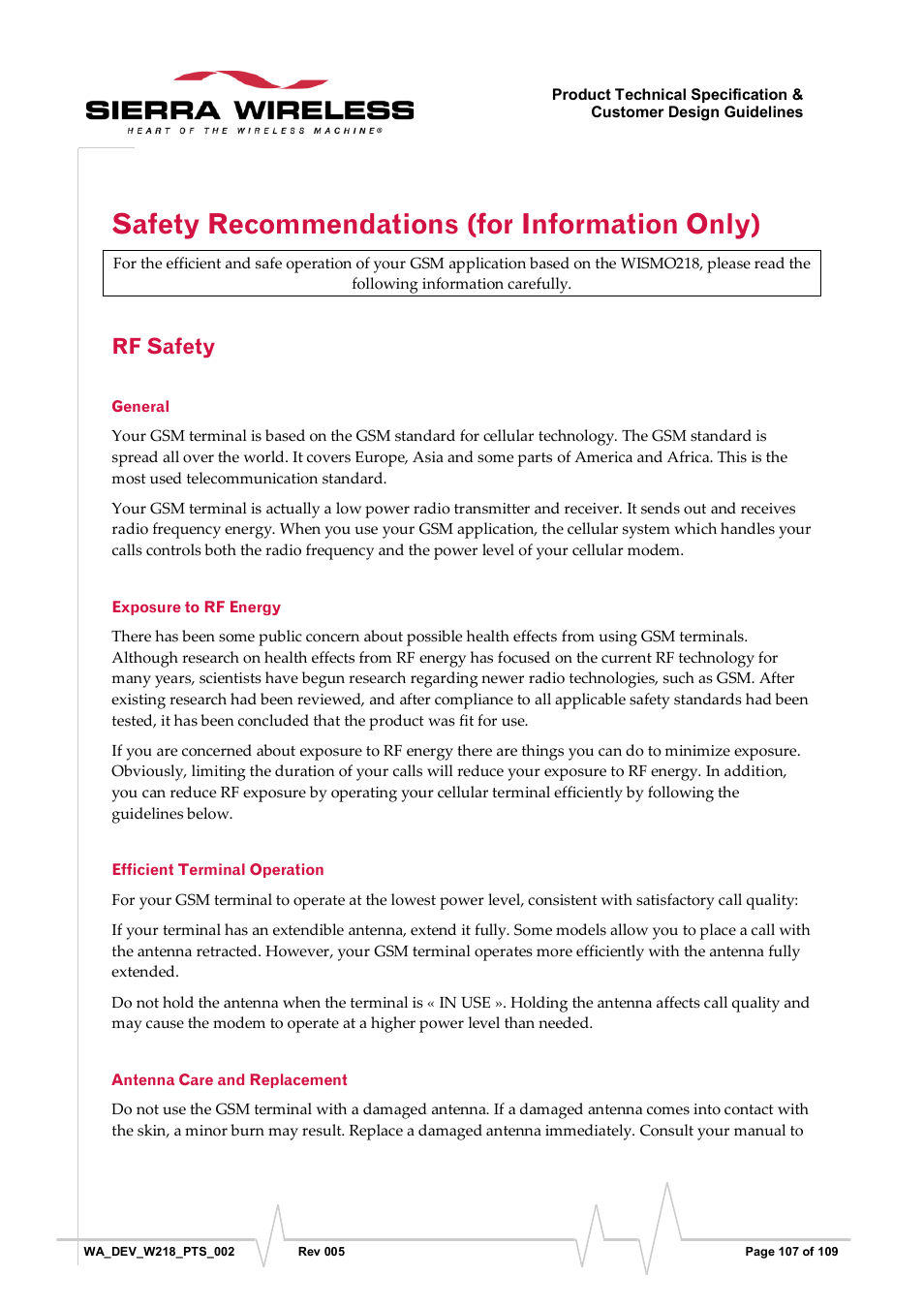 Safety recommendations (for information only), Rf safety, General | Exposure to rf energy, Efficient terminal operation, Antenna care and replacement | Sierra Wireless WISMO218 User Manual | Page 107 / 110