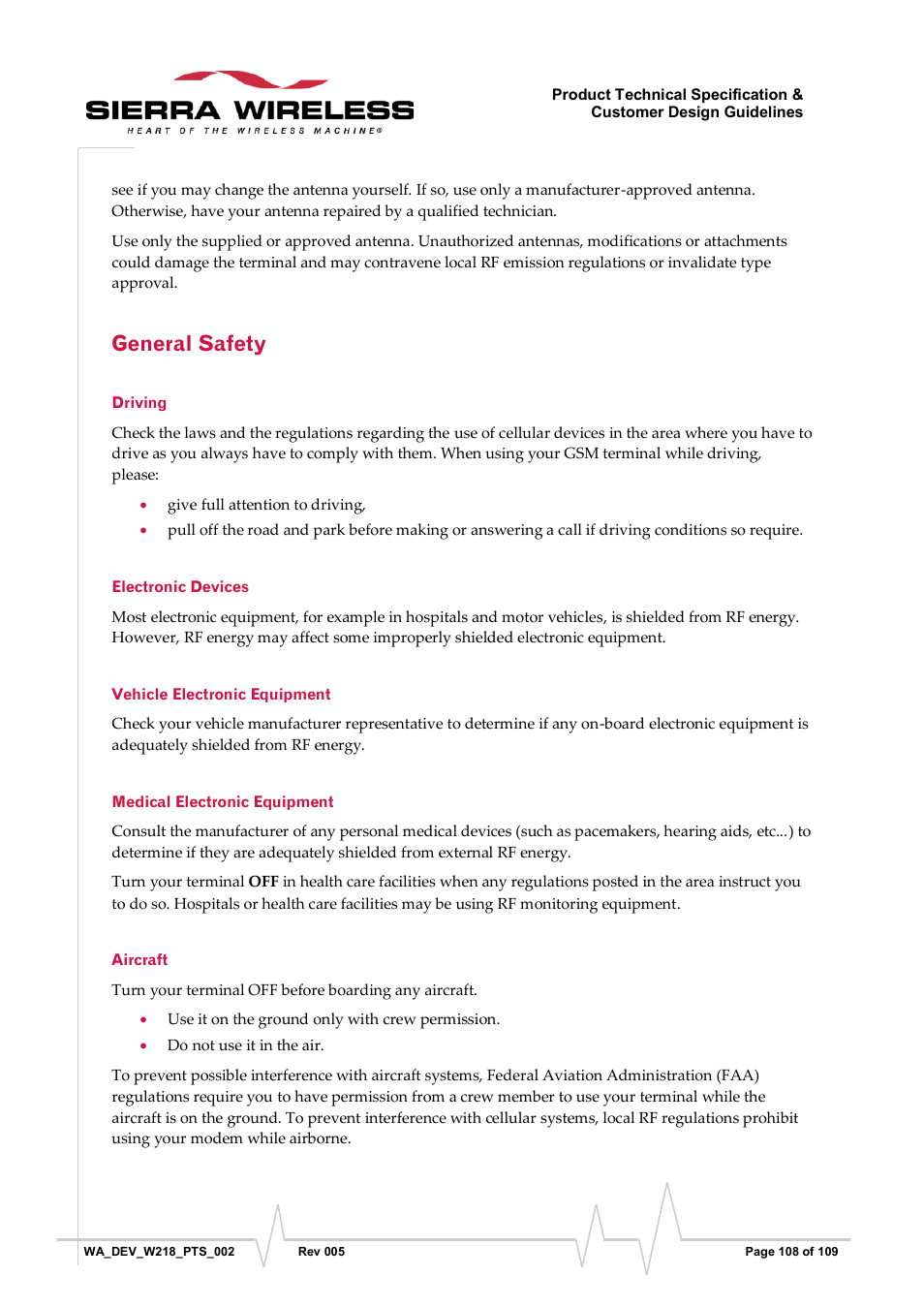 General safety, Driving, Electronic devices | Vehicle electronic equipment, Medical electronic equipment, Aircraft | Sierra Wireless WISMO218 User Manual | Page 108 / 110