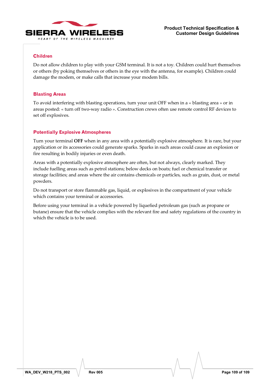 Children, Blasting areas, Potentially explosive atmospheres | Sierra Wireless WISMO218 User Manual | Page 109 / 110