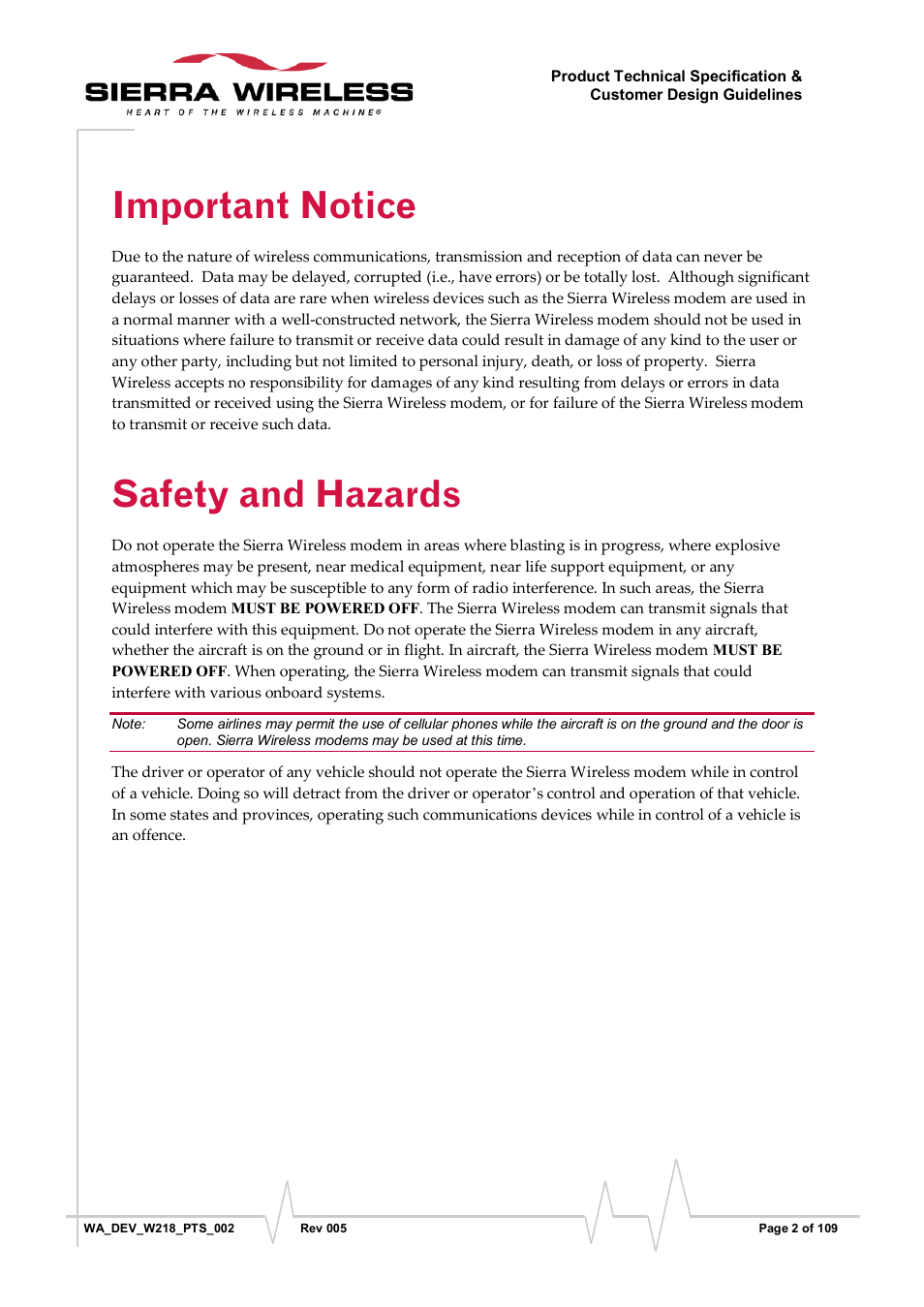 Important notice, Safety and hazards | Sierra Wireless WISMO218 User Manual | Page 2 / 110