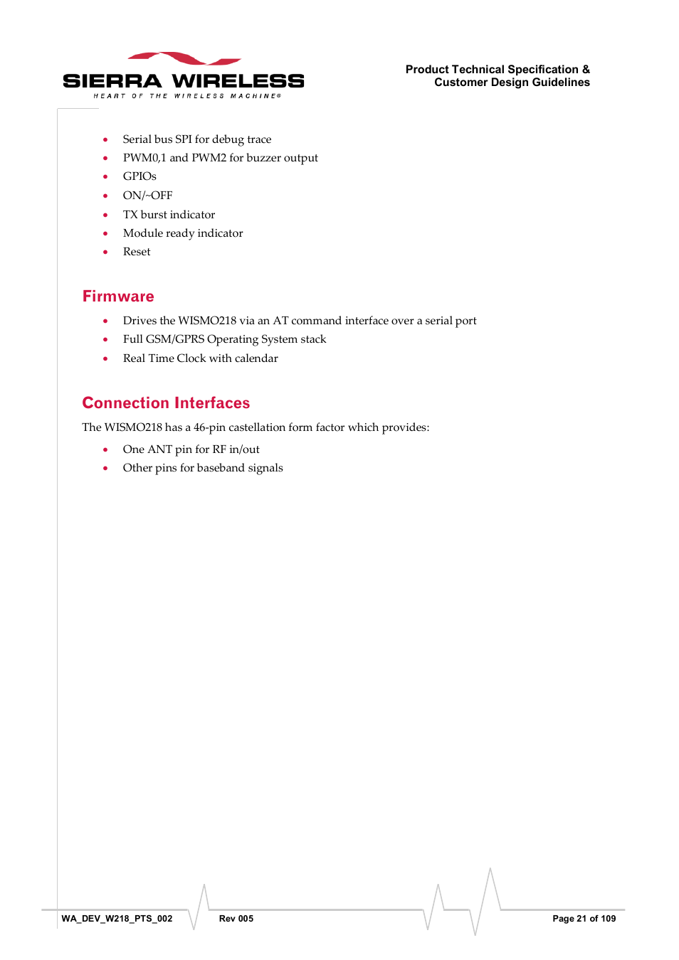 Firmware, Connection interfaces | Sierra Wireless WISMO218 User Manual | Page 21 / 110