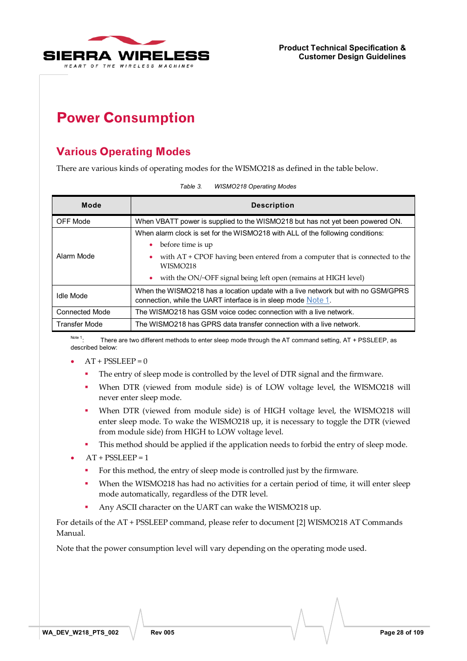 Power consumption, Various operating modes, Table 3 | Wismo218 operating modes | Sierra Wireless WISMO218 User Manual | Page 28 / 110