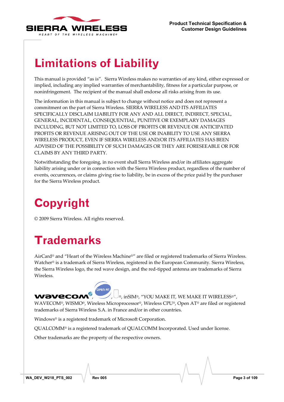 Limitations of liability, Copyright, Trademarks | Sierra Wireless WISMO218 User Manual | Page 3 / 110