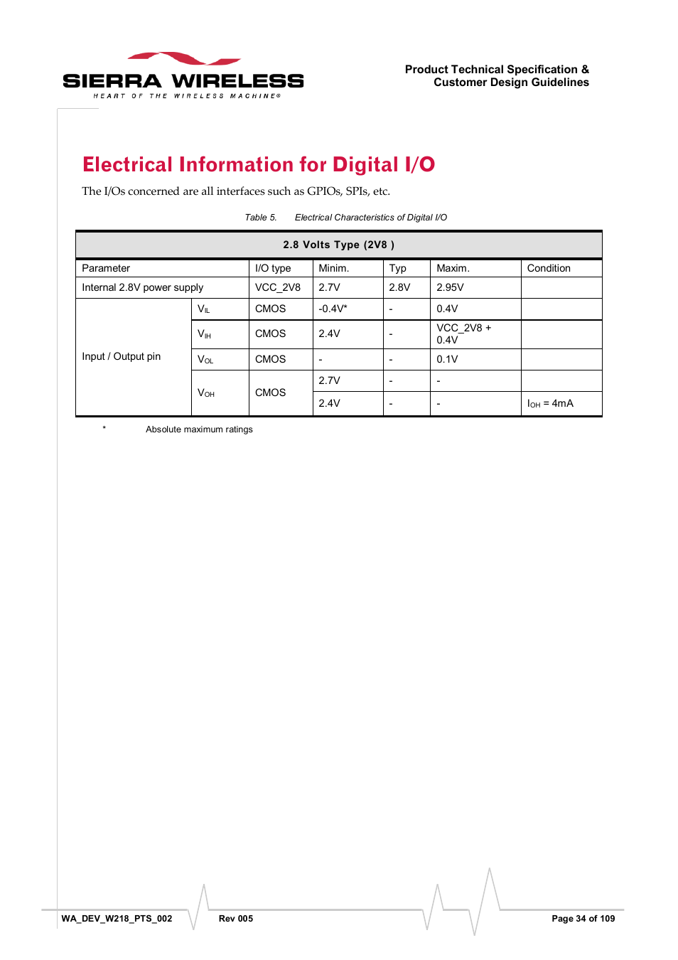 Electrical information for digital i/o, Table 5, Electrical characteristics of digital i/o | Sierra Wireless WISMO218 User Manual | Page 34 / 110