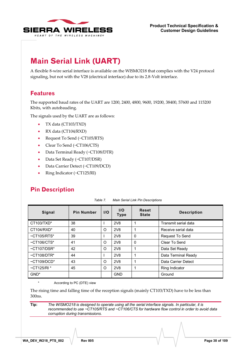 Main serial link (uart), Features, Pin description | Table 7, Main serial link pin descriptions | Sierra Wireless WISMO218 User Manual | Page 38 / 110