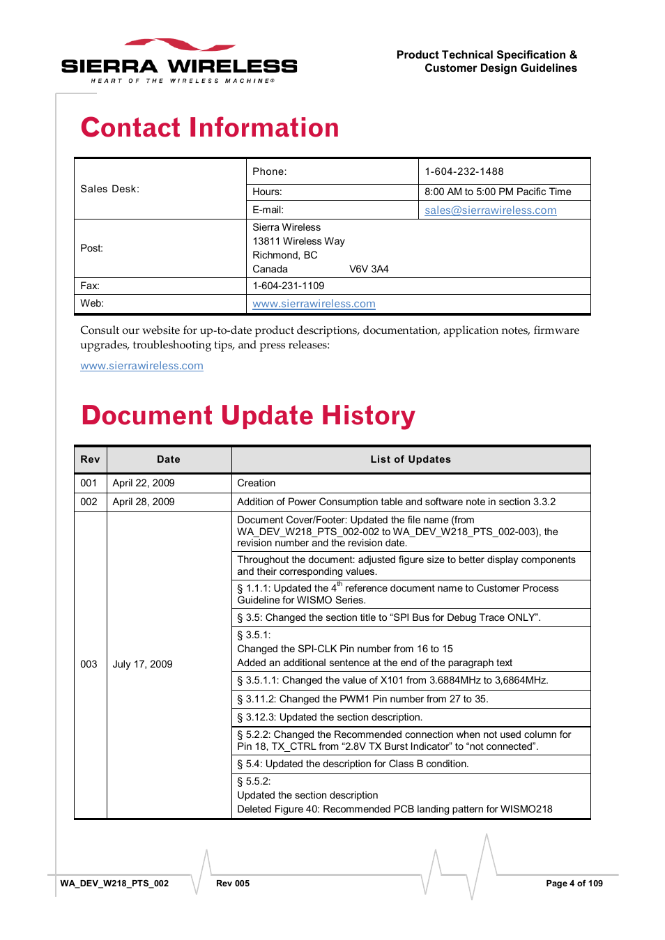 Contact information, Document update history | Sierra Wireless WISMO218 User Manual | Page 4 / 110