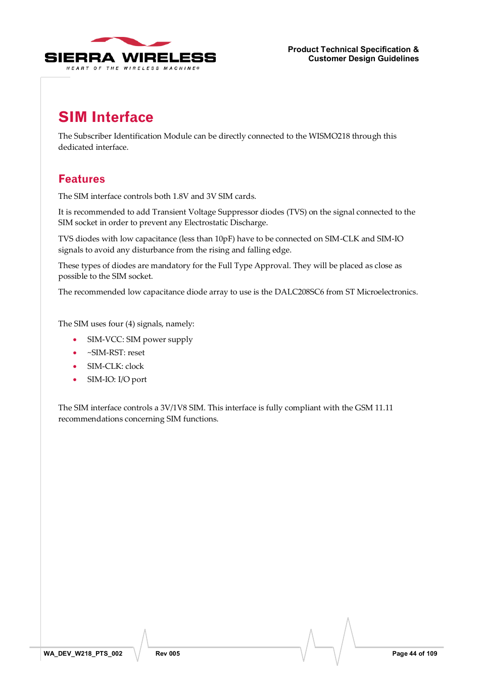 Sim interface, Features | Sierra Wireless WISMO218 User Manual | Page 44 / 110