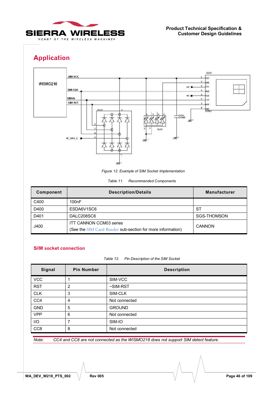 Application, Sim socket connection, Figure 12 | Example of sim socket implementation, Table 11, Recommended components, Table 12, Pin description of the sim socket | Sierra Wireless WISMO218 User Manual | Page 46 / 110