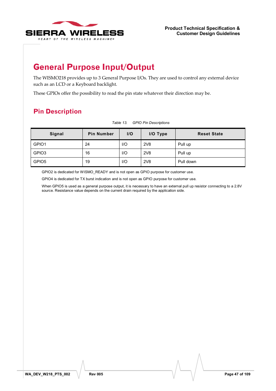 General purpose input/output, Pin description, Table 13 | Gpio pin descriptions | Sierra Wireless WISMO218 User Manual | Page 47 / 110