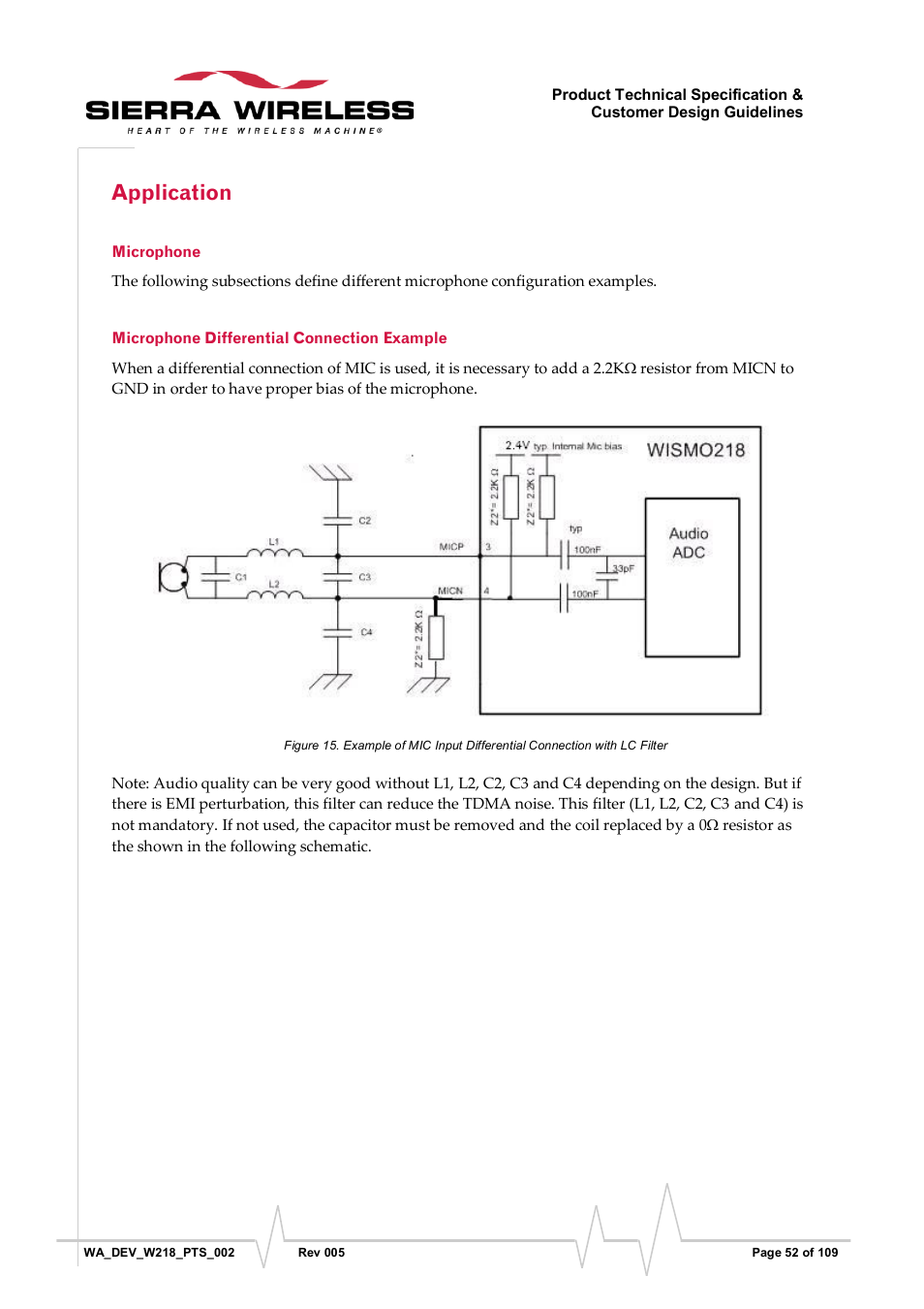 Application, Microphone, Microphone differential connection example | Figure 15 | Sierra Wireless WISMO218 User Manual | Page 52 / 110