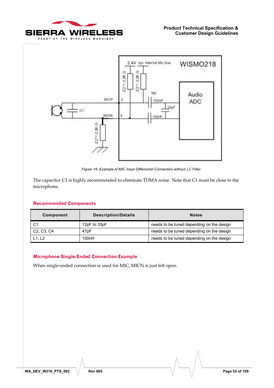 Recommended components, Microphone single-ended connection example, Figure 16 | Sierra Wireless WISMO218 User Manual | Page 53 / 110