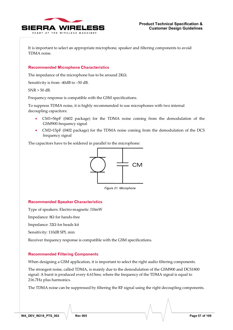 Recommended microphone characteristics, Recommended speaker characteristics, Recommended filtering components | Figure 21, Microphone | Sierra Wireless WISMO218 User Manual | Page 57 / 110