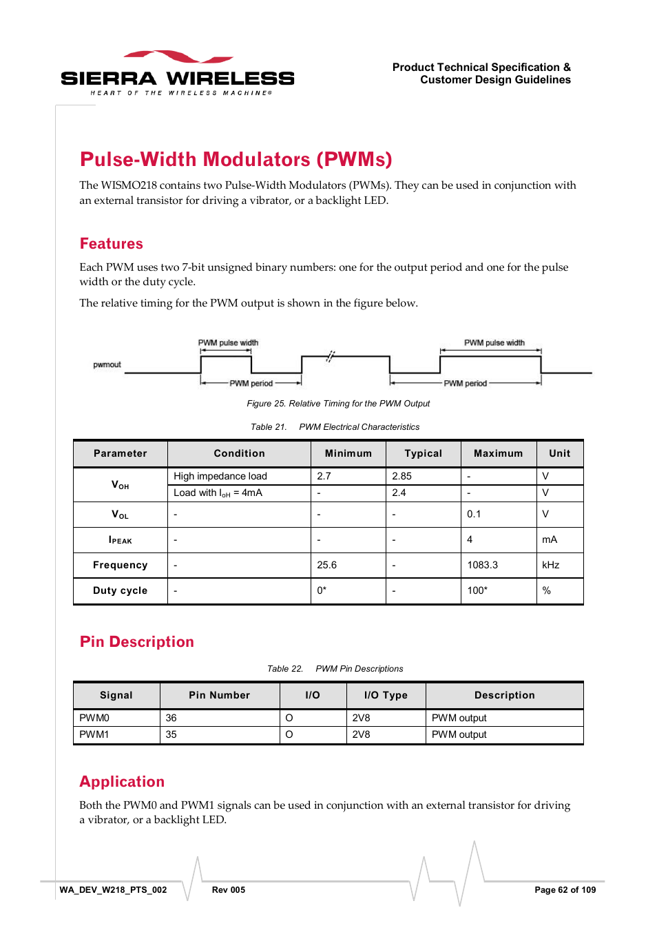 Pulse-width modulators (pwms), Features, Pin description | Application, Figure 25, Relative timing for the pwm output, Table 21, Pwm electrical characteristics, Table 22, Pwm pin descriptions | Sierra Wireless WISMO218 User Manual | Page 62 / 110