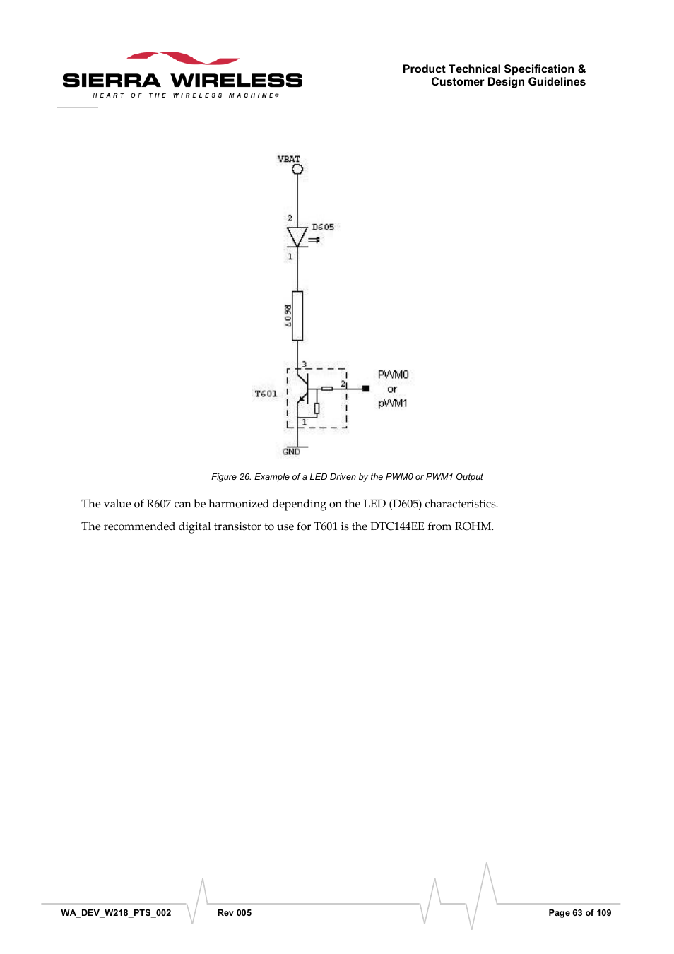 Figure 26, Example of a led driven by the pwm0 or pwm1 output | Sierra Wireless WISMO218 User Manual | Page 63 / 110