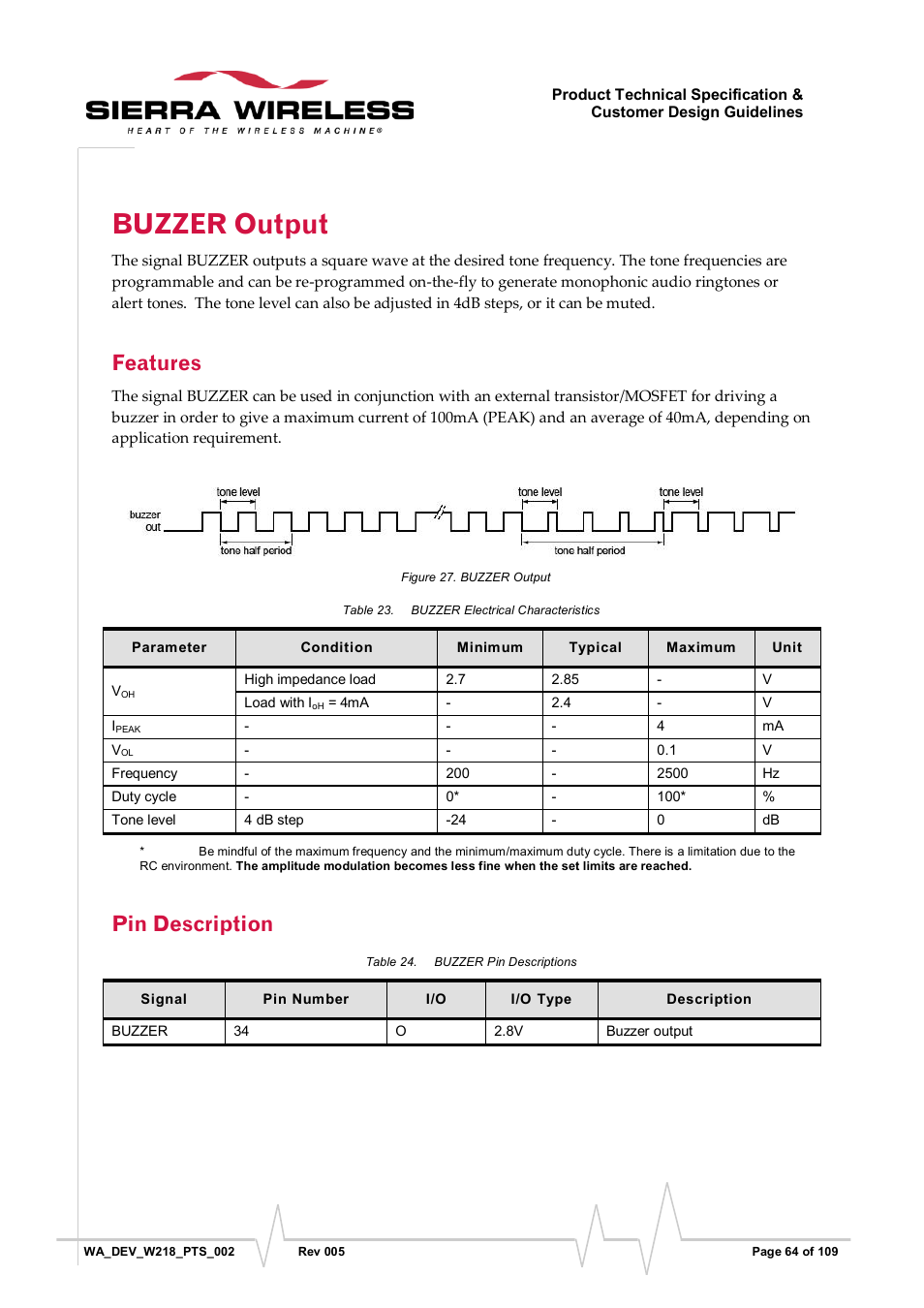 Buzzer output, Features, Pin description | Figure 27, Table 23, Buzzer electrical characteristics, Table 24, Buzzer pin descriptions | Sierra Wireless WISMO218 User Manual | Page 64 / 110