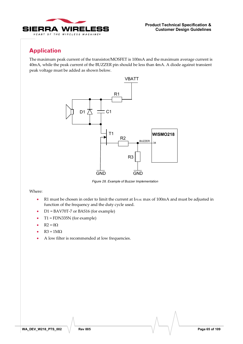 Application, Figure 28, Example of buzzer implementation | Sierra Wireless WISMO218 User Manual | Page 65 / 110