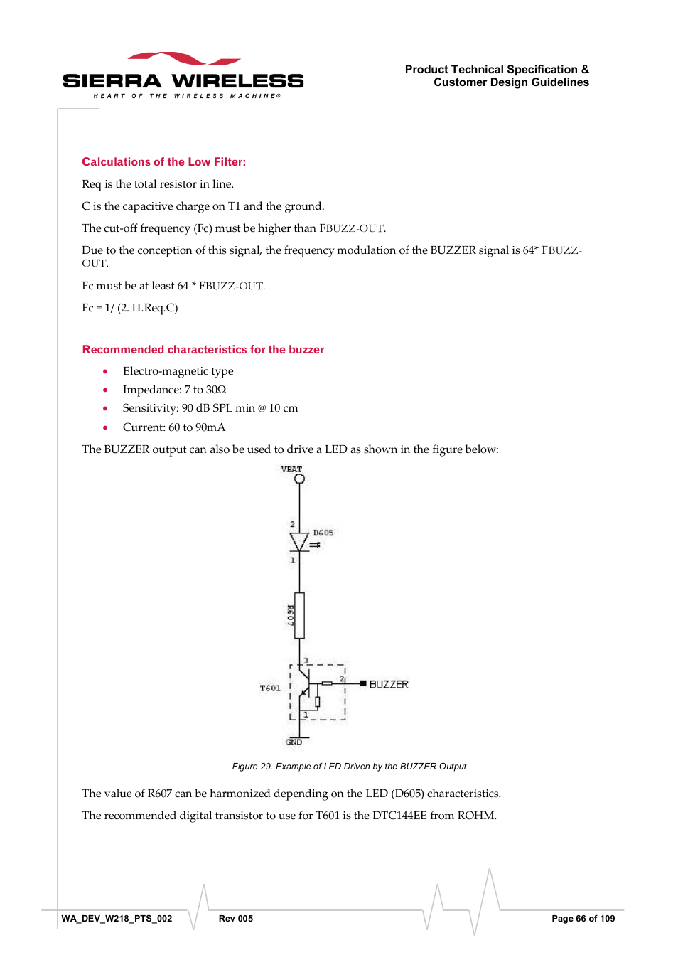 Calculations of the low filter, Recommended characteristics for the buzzer, On/~off signal | Figure 29, Example of led driven by the buzzer output | Sierra Wireless WISMO218 User Manual | Page 66 / 110