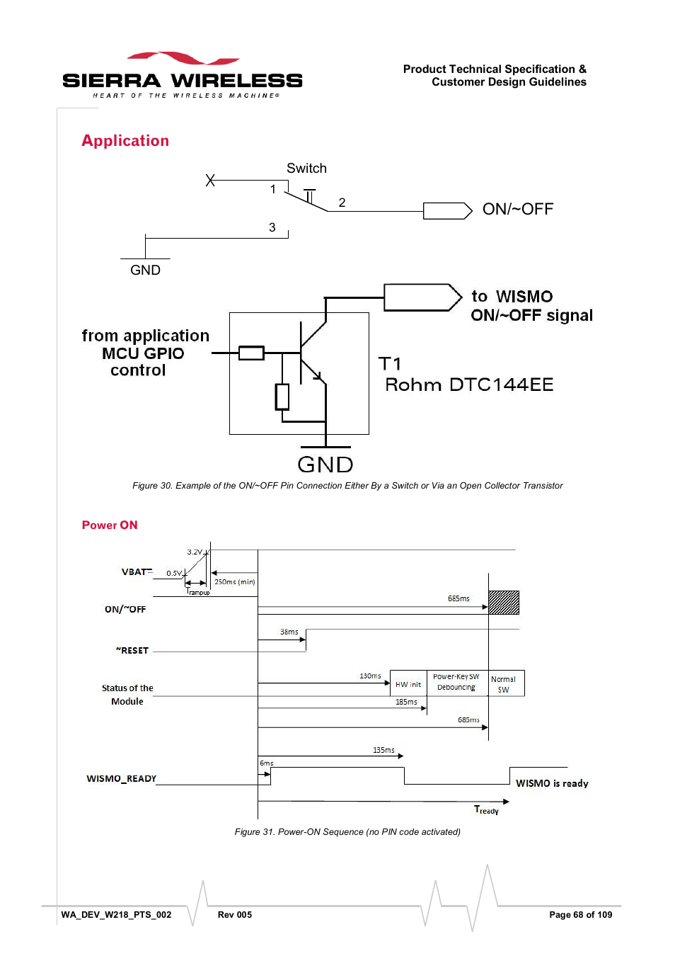 Application, Power on, Figure 31 | Figure 30, Transistor 68, Power-on sequence (no pin code activated), On/~off | Sierra Wireless WISMO218 User Manual | Page 68 / 110