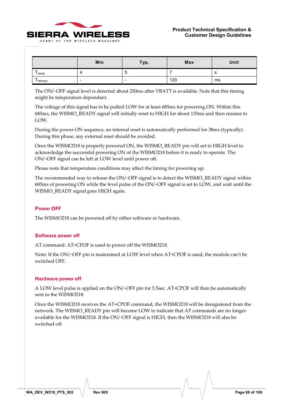 Power off, Software power off, Hardware power off | Power on sequence table, 5sec | Sierra Wireless WISMO218 User Manual | Page 69 / 110