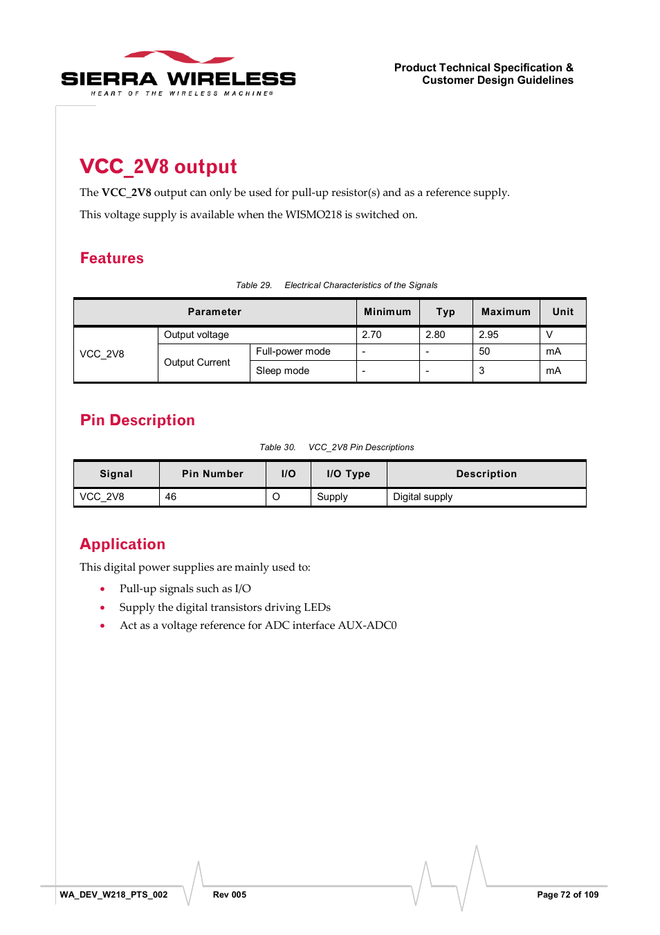 Vcc_2v8 output, Features, Pin description | Application, Table 29, Electrical characteristics of the signals, Table 30, Vcc_2v8 pin descriptions | Sierra Wireless WISMO218 User Manual | Page 72 / 110